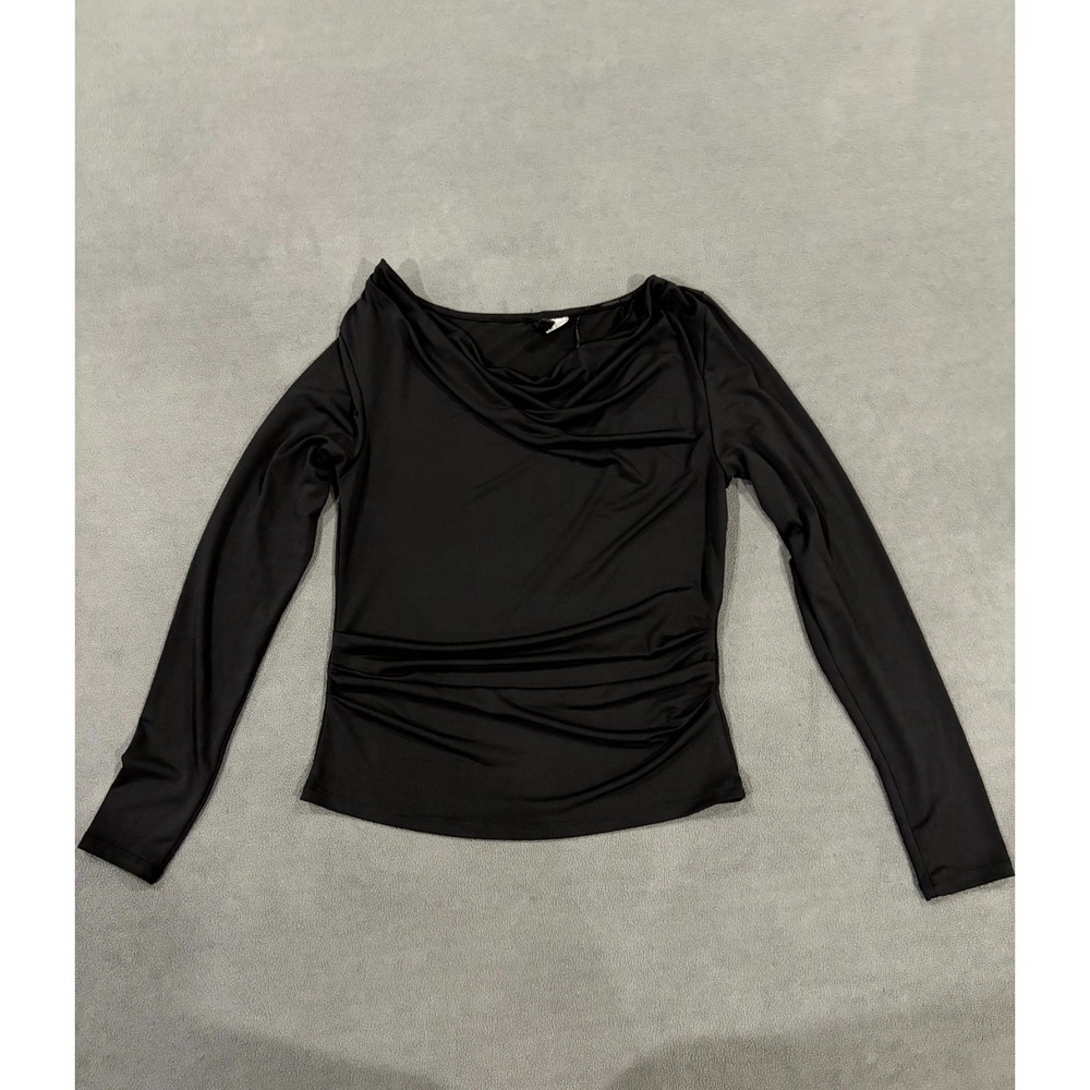 Divided H&M Draped Jersey Top Womens Large Black Stretch Cowl Neck Slim Fit